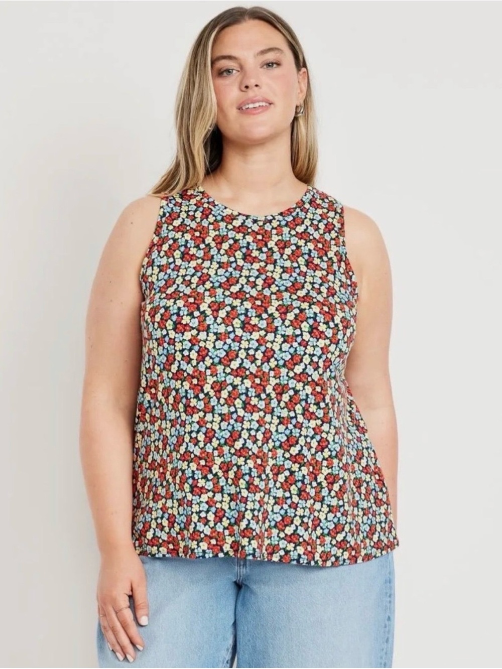 Old Navy LARGE Blue Red Americana Summer Patriotic Floral Luxe Swing Tank NWT